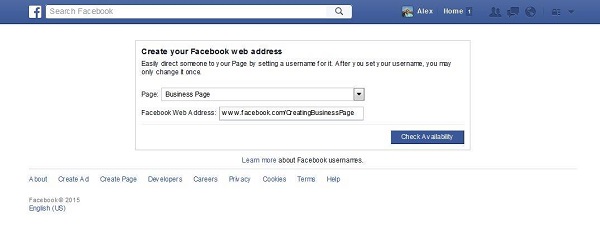 Create your Facebook web address for business page